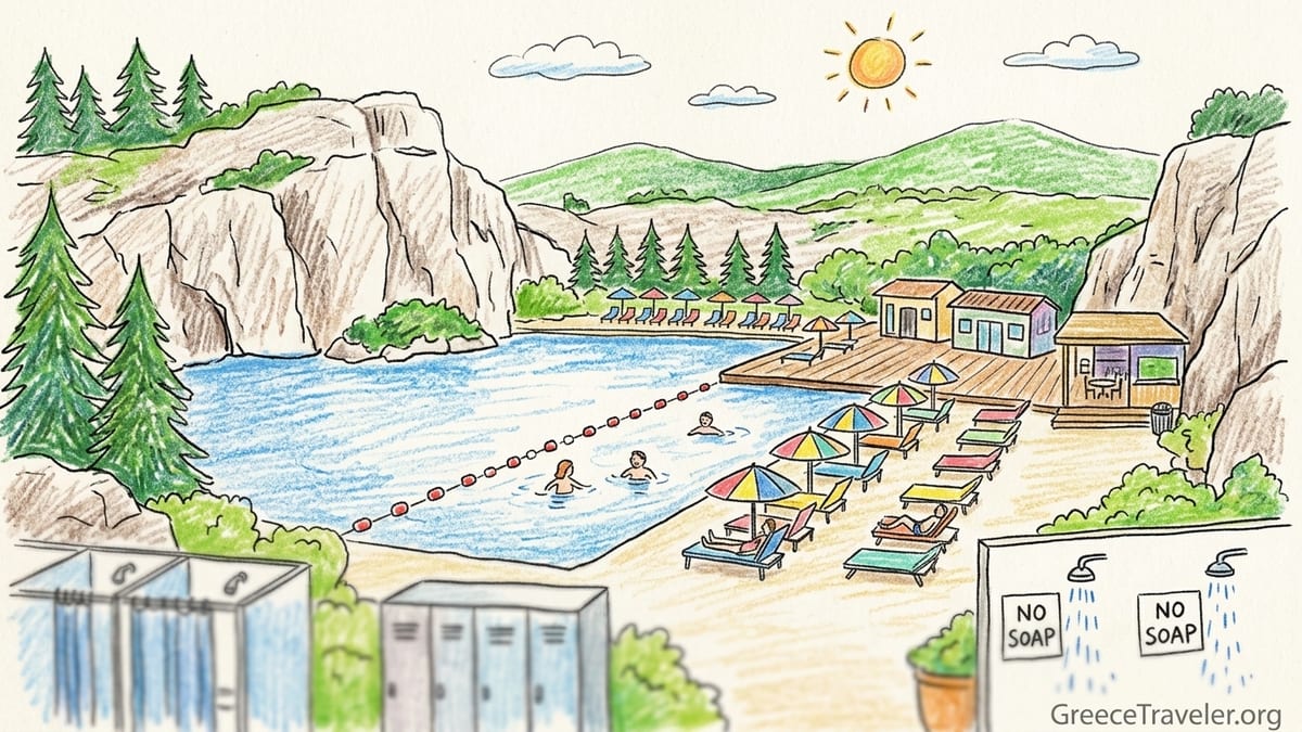 Swimmers and sunbeds at Lake Vouliagmeni framed by limestone cliffs and pine trees near Athens