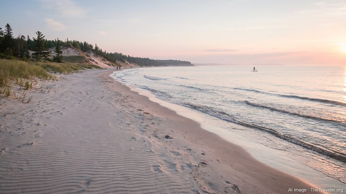 Sunrise over white sand and dunes at Grand Beach on Lake Winnipeg, Manitoba.