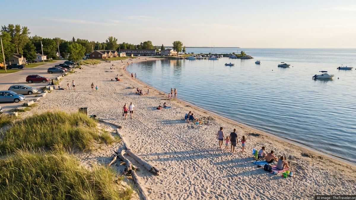 Late afternoon view of a sandy Lake Winnipeg beach with simple motels and calm water.
