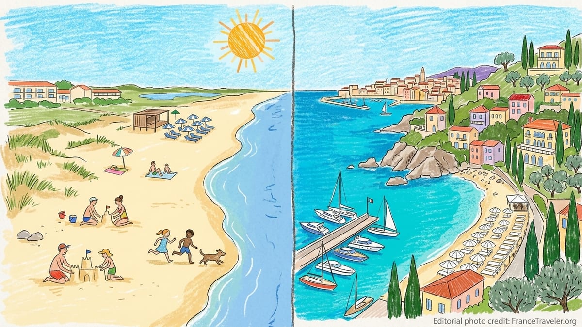 Aerial view contrasting wide sandy Languedoc beach with dense, urban French Riviera bay.