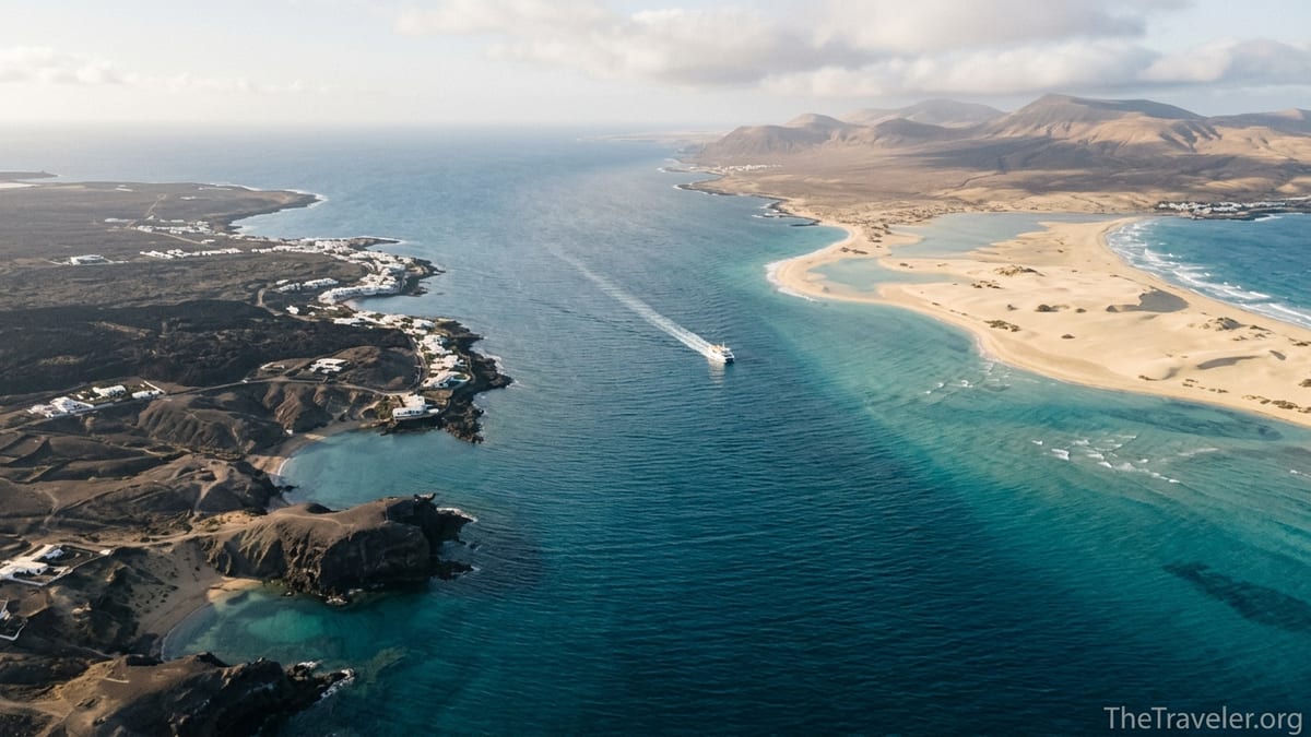 Aerial view of Lanzarote’s dark lava coast facing Fuerteventura’s pale sand dunes across turquoise sea.