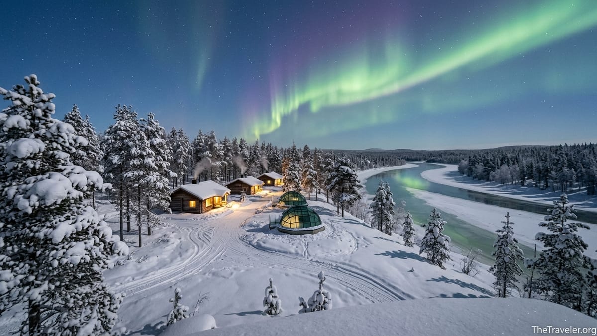 Northern lights over snowy Lapland cabins and a glass igloo beside a frozen river at blue hour.