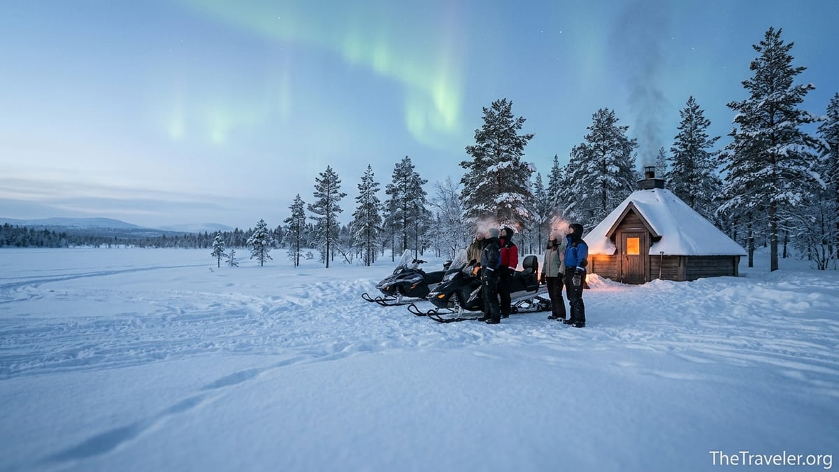 Travelers with snowmobiles watching faint Northern Lights over snowy Lapland forest at twilight.