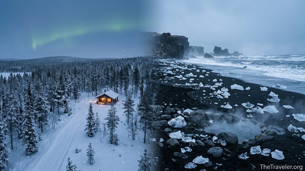 Winter landscape comparing snowy Lapland forest with Iceland’s black-sand coast under faint northern lights.