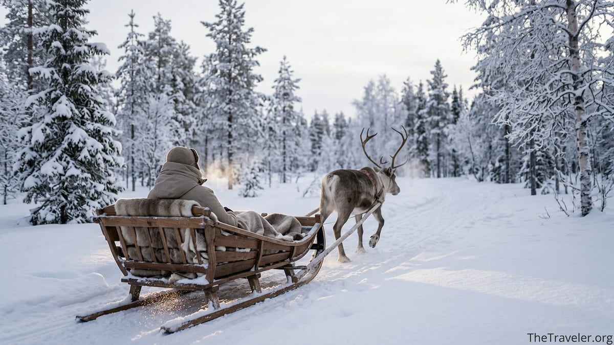 Traveler in a wooden sleigh pulled by a reindeer through a snowy Lapland forest at blue hour.
