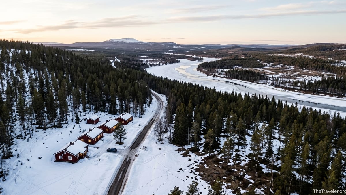 A small Lapland village of red cabins beside a snowy forest and frozen river at soft Arctic sunset.