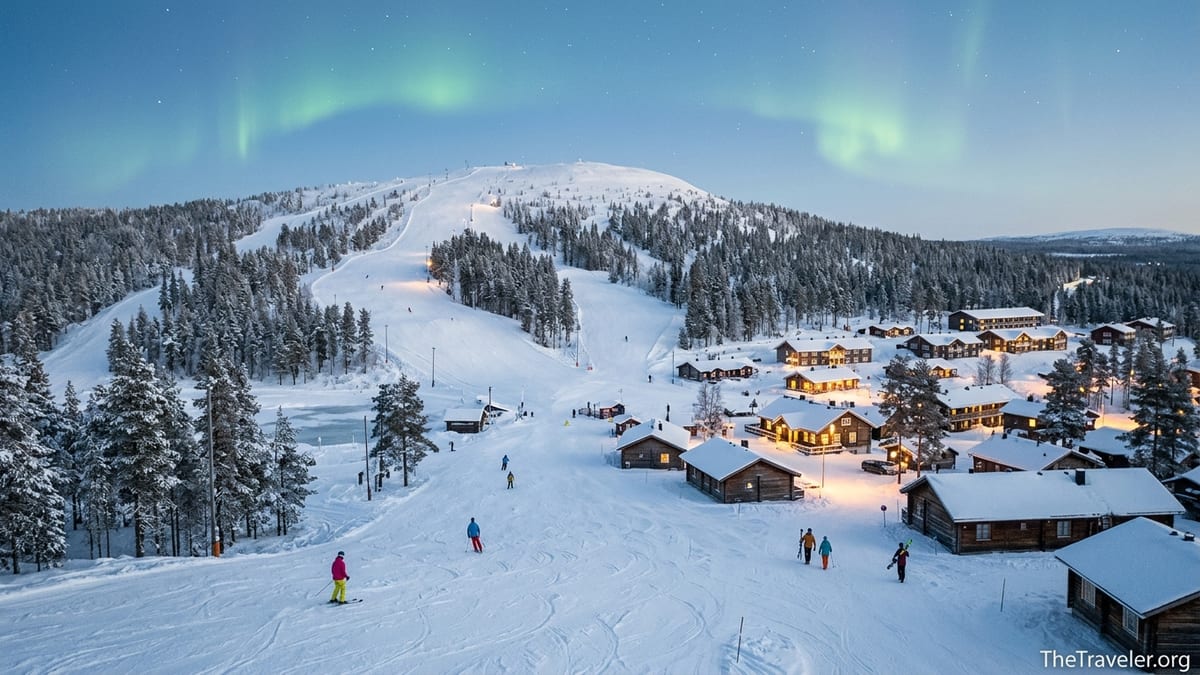 Evening view of a Lapland ski resort with lit slopes, cabins and northern lights in the sky.