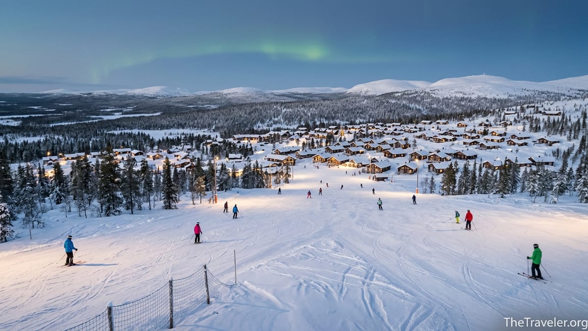Skiers descend gentle slopes above a lit Lapland village surrounded by snowy fells at dusk.