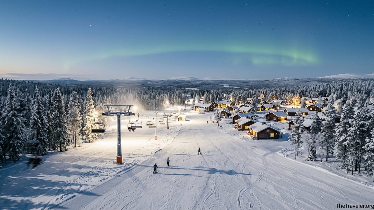Twilight view over a Lapland ski village with lit pistes, snowy forest and faint Northern Lights.