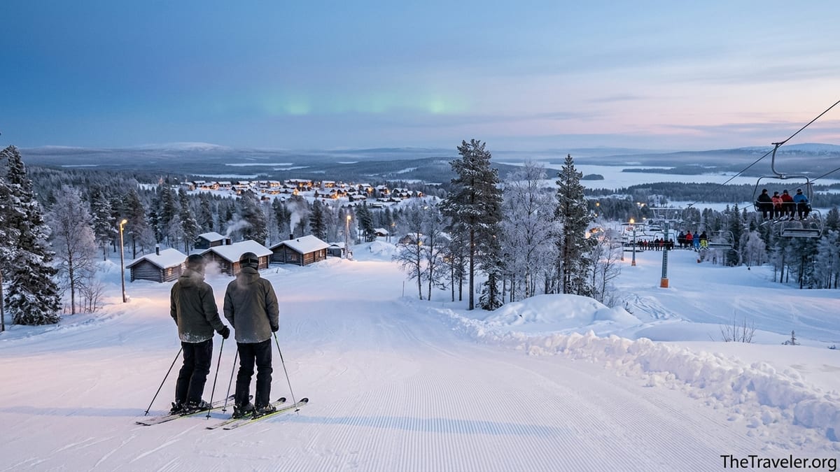 Skiers overlooking a Lapland ski village at blue hour with snowy fells and cabins beneath an Arctic sky.