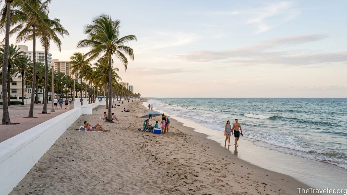 Late afternoon view of Las Olas Beach with palms, gentle waves, and scattered visitors in soft golden light.