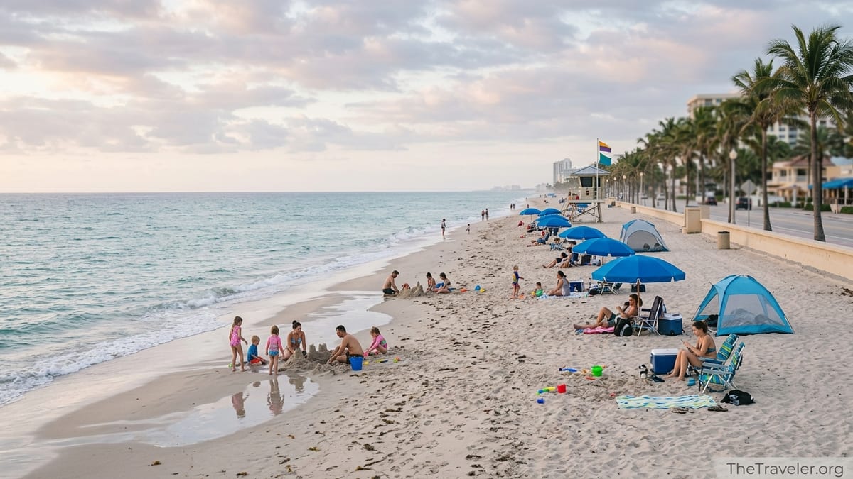 Families with children playing on Las Olas Beach at sunrise under umbrellas and a lifeguard tower.