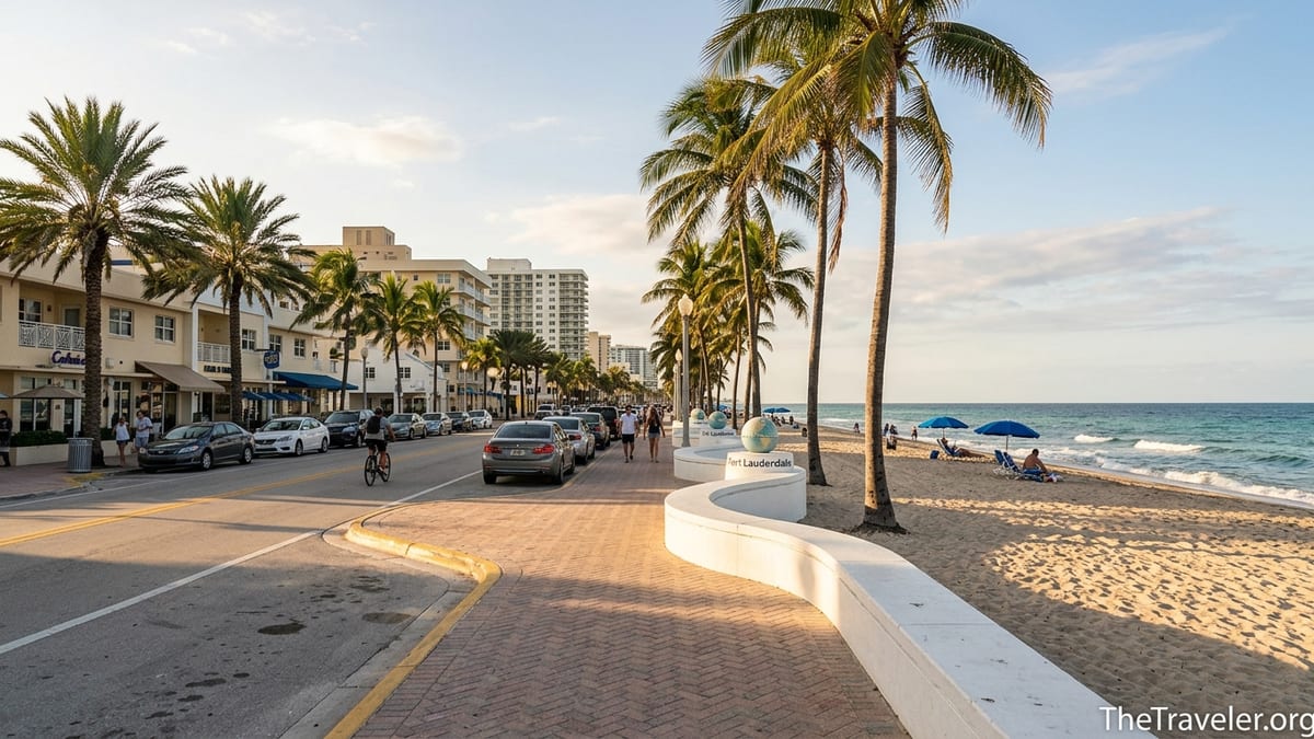 Promenade and palm-lined A1A at Las Olas Beach facing the sand and Atlantic Ocean in Fort Lauderdale.