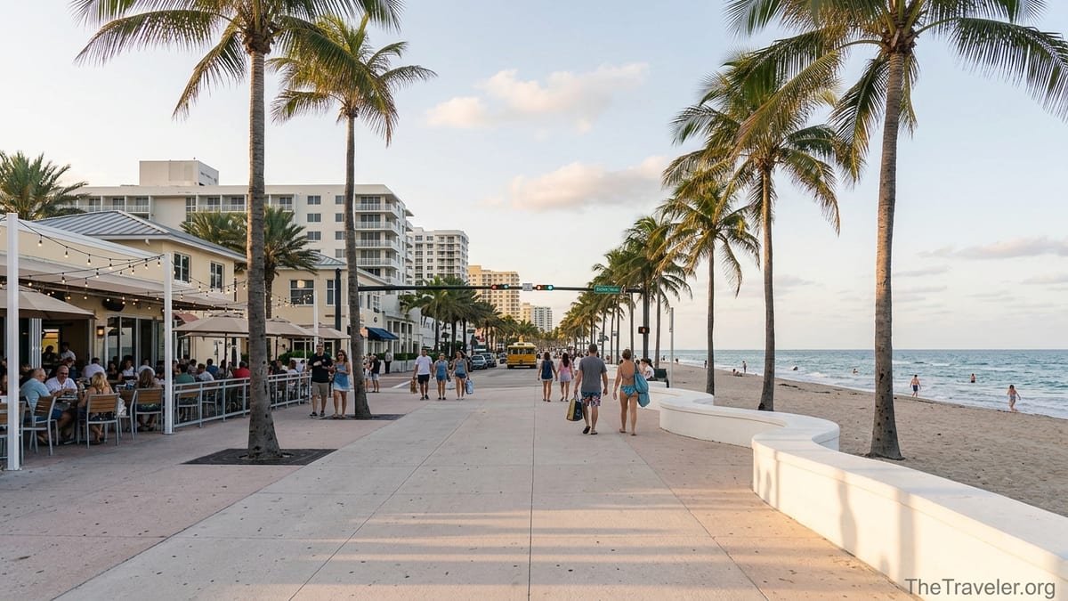 Early evening view of Las Olas Beach promenade with palm trees, cafes, and beachgoers in Fort Lauderdale.
