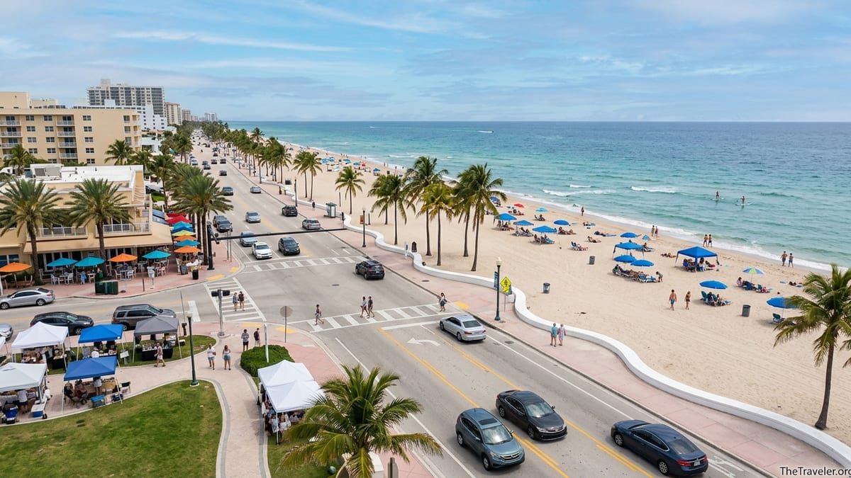 Aerial view of Las Olas Beach promenade, A1A, and sandy shoreline in Fort Lauderdale.