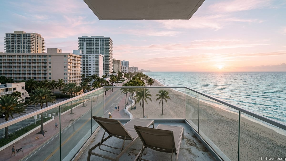 Sunrise view of Fort Lauderdale Beach near Las Olas with hotels, palm-lined promenade and calm ocean.