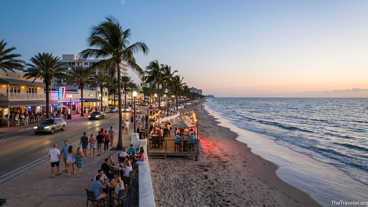 Evening street and beachfront bars lit up along Las Olas Beach in Fort Lauderdale.