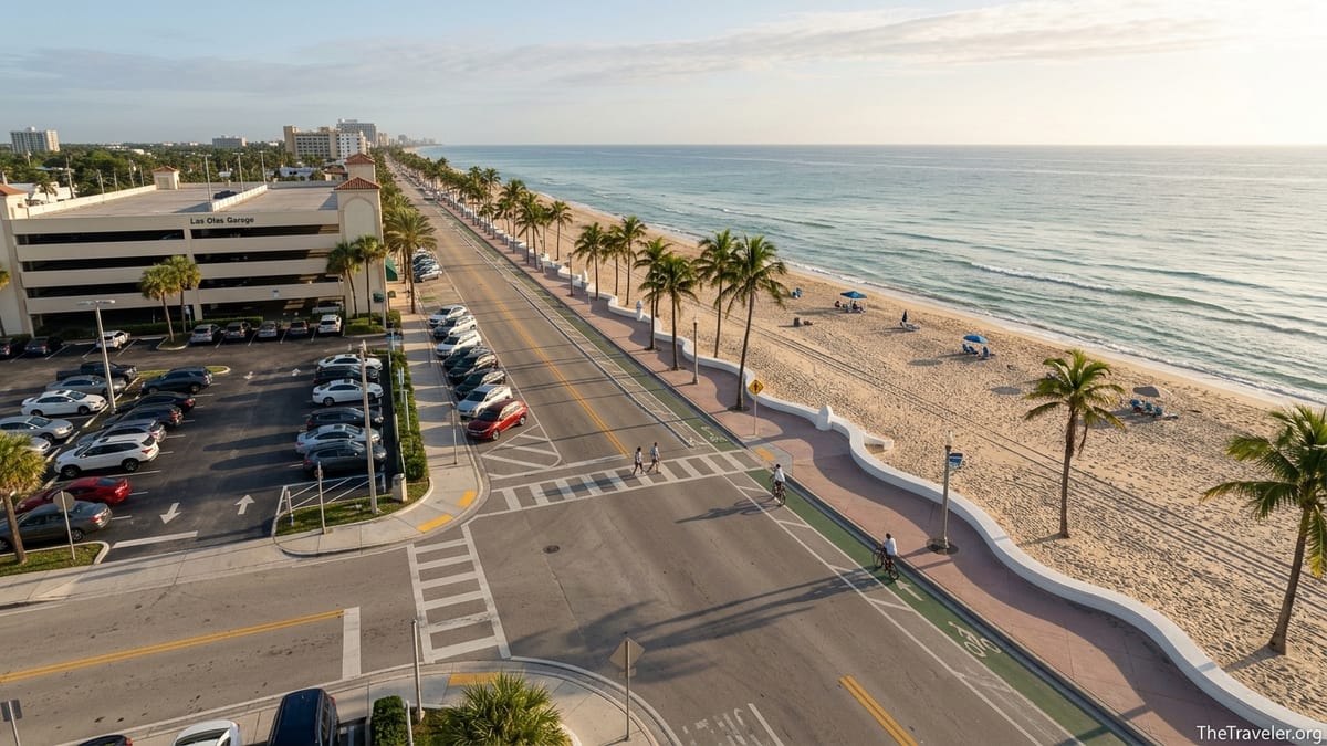 Morning view of Las Olas Beach with nearby parking garage, A1A and sandy shoreline.