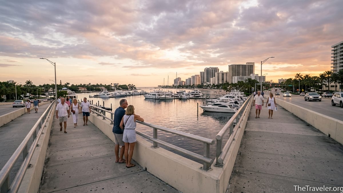 Pedestrians walking over the Las Olas bridge toward Fort Lauderdale Beach at golden hour.