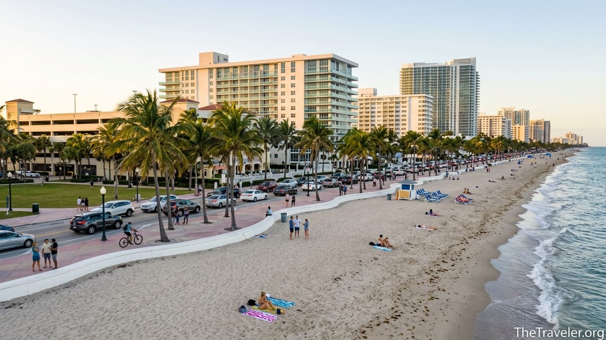 View of Las Olas Beach and the Fort Lauderdale Beach strip with promenade, hotels and swimmers at golden hour.