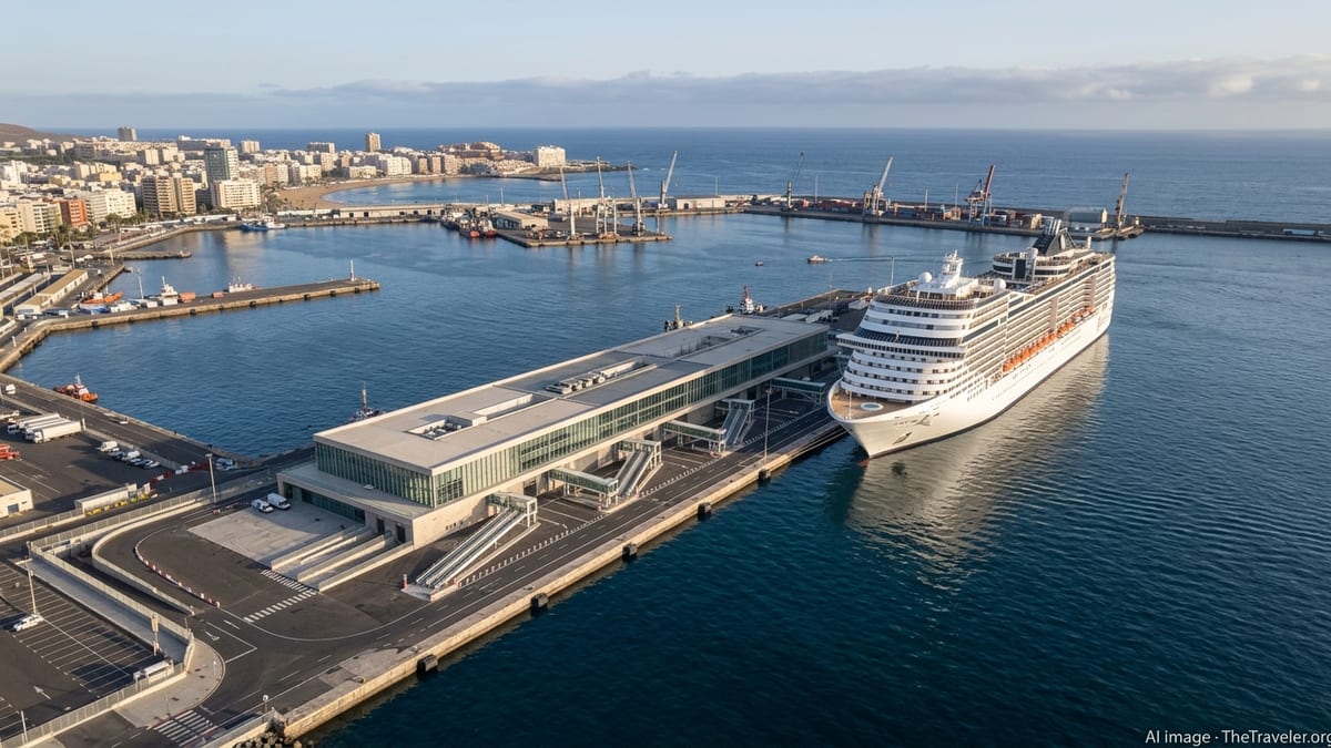 Aerial view of the new cruise terminal at Port of La Luz with a large ship docked in Las Palmas, Gran Canaria.