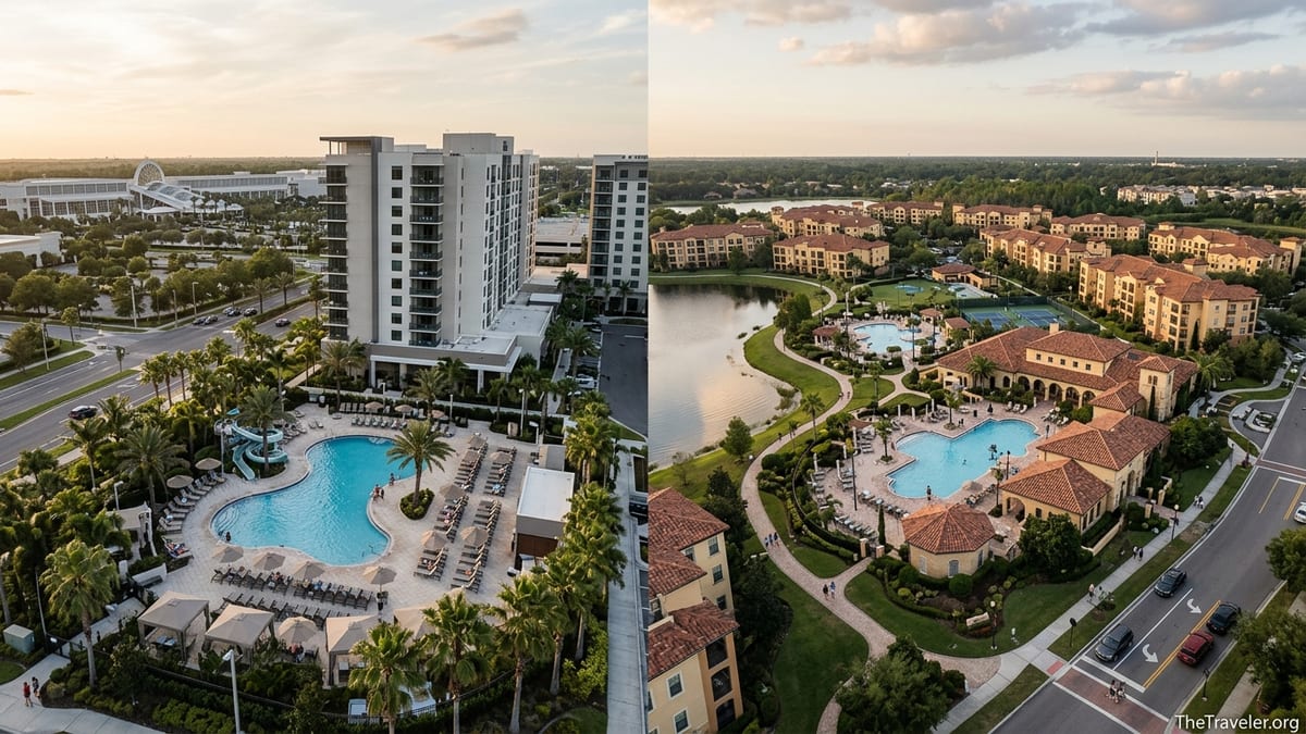 Aerial view comparing Las Palmeras high rise pool resort with sprawling lakeside Tuscany Village in Orlando at golden hour.