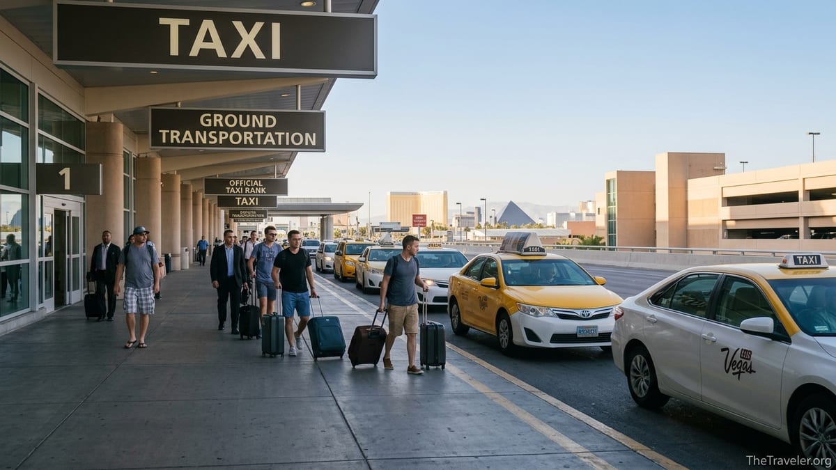 Taxi queue outside Harry Reid International Airport with travelers lining up for cabs to the Las Vegas Strip.