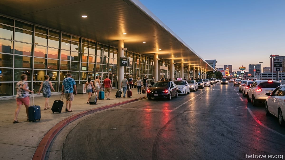Rideshare cars and travelers at Las Vegas Harry Reid Airport heading toward downtown at dusk.
