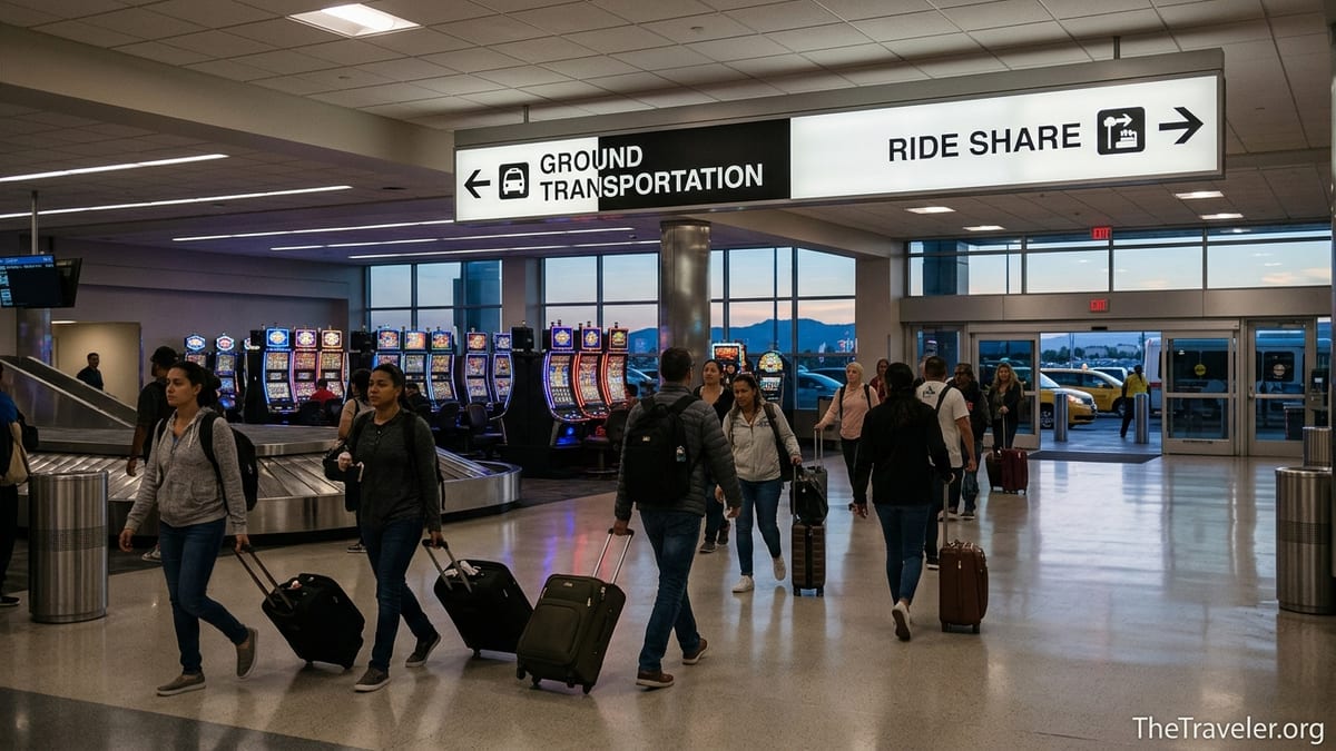 Travelers walk from baggage claim toward ground transportation signs at Las Vegas Harry Reid Airport.