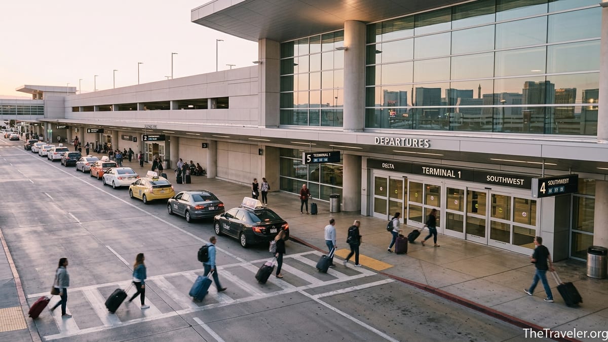 Travelers with luggage being dropped at Harry Reid Airport departures curb at sunrise.