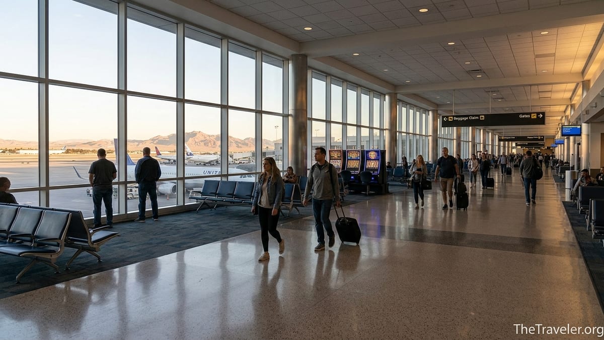 Morning view inside Las Vegas Harry Reid Airport concourse with travelers and planes at the gates.