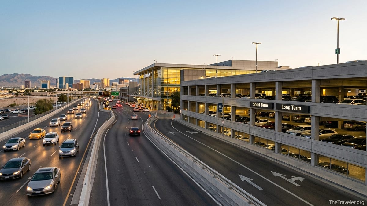 Evening traffic approaching the parking garages at Las Vegas Harry Reid International Airport.