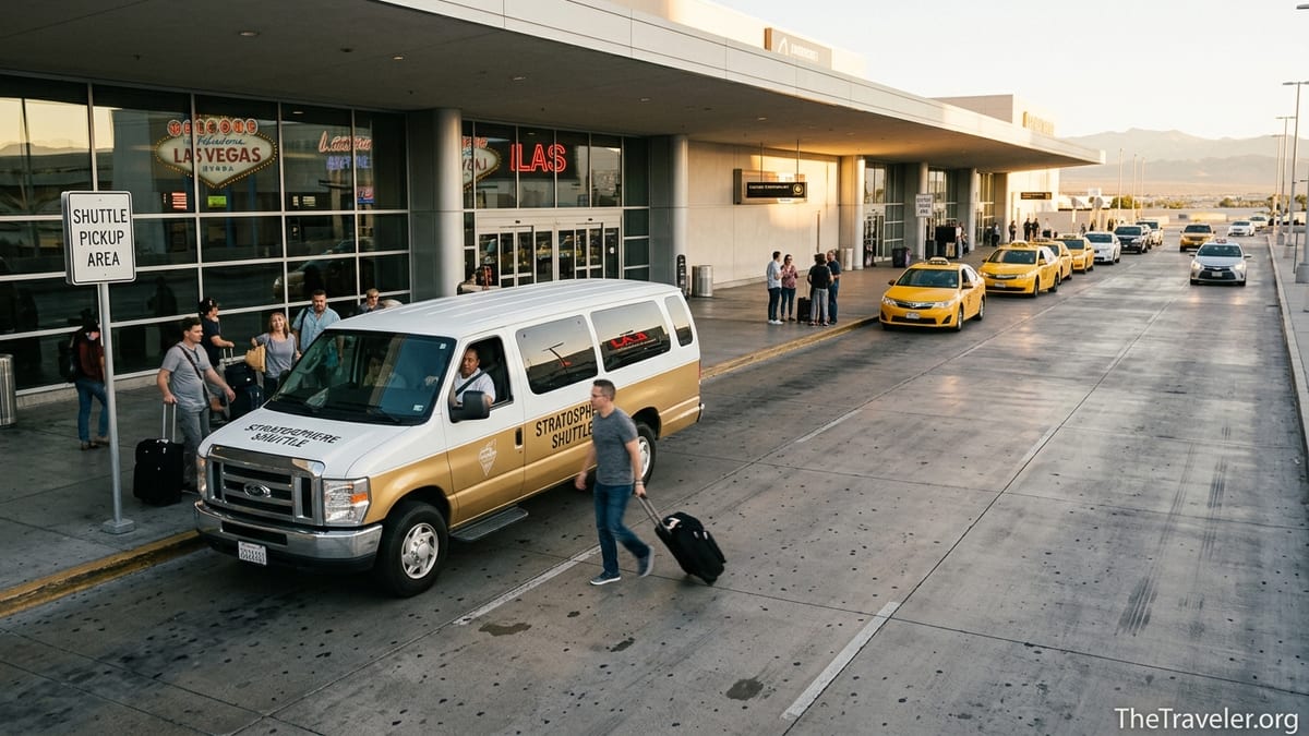 Travelers boarding an airport shuttle outside Las Vegas Harry Reid International Airport at sunset.