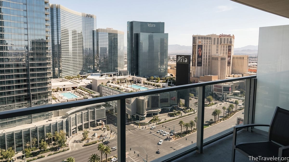 View of central Las Vegas Strip from a quiet high-rise balcony at a condo-style hotel.