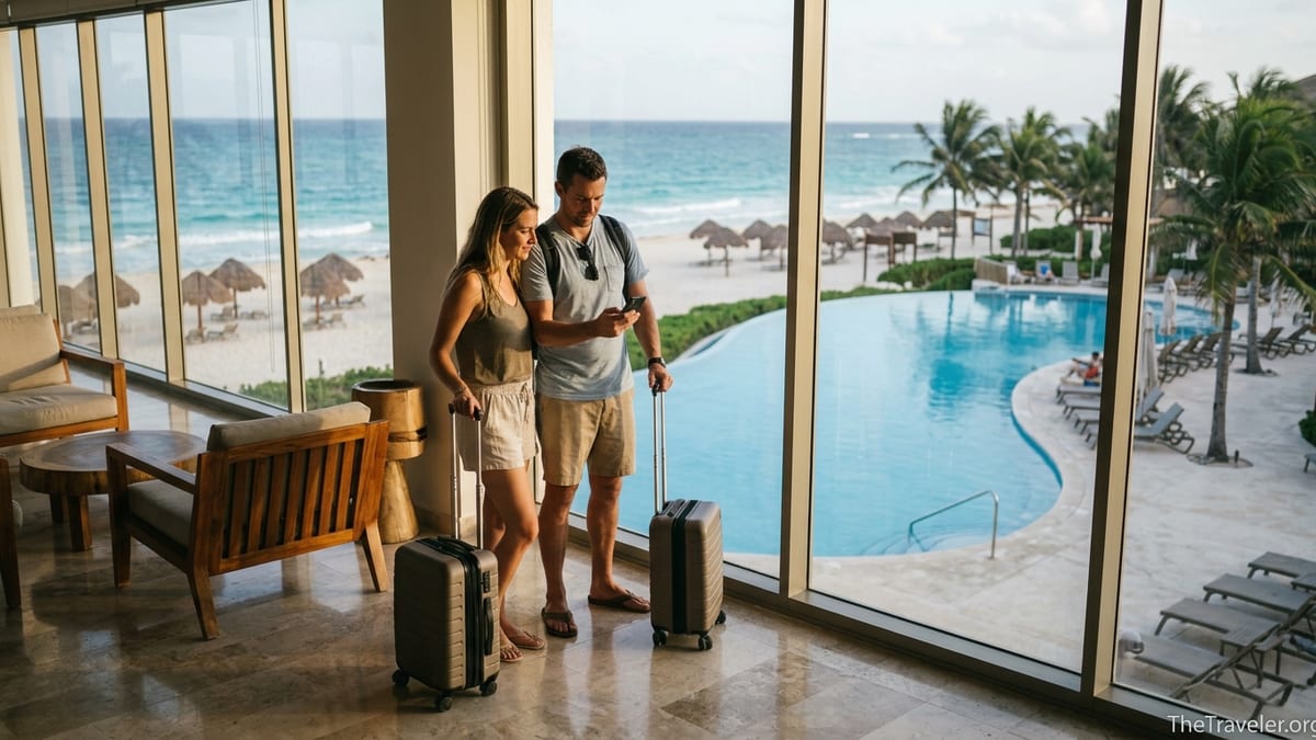 Couple checking last-minute all-inclusive deals in a Caribbean resort lobby overlooking beach and pool.