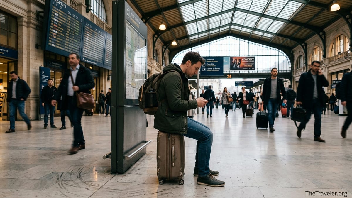 Traveler in a European train station checking a last minute concert ticket on their phone.