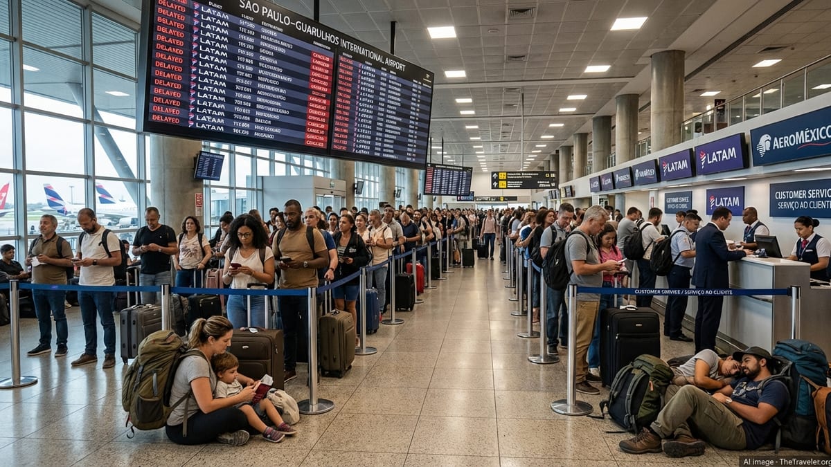 Passengers queue at São Paulo–Guarulhos airport as flight boards show multiple delays and cancellations.