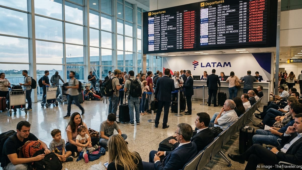 Crowded departure hall at São Paulo airport showing delayed and canceled LATAM and AeroMéxico flights.