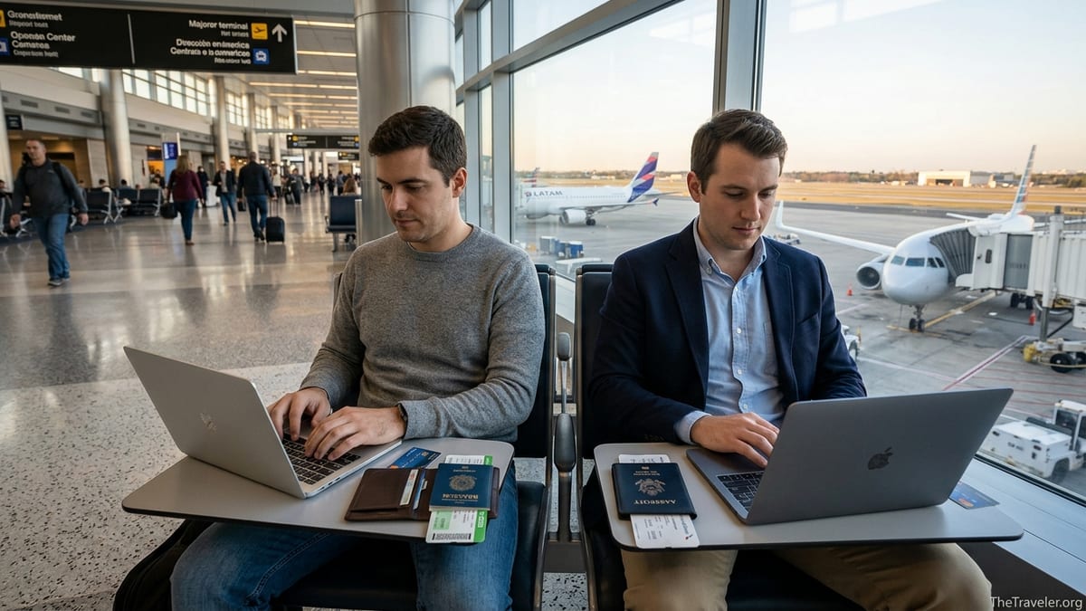 Frequent flyers at an airport window with LATAM and American planes outside