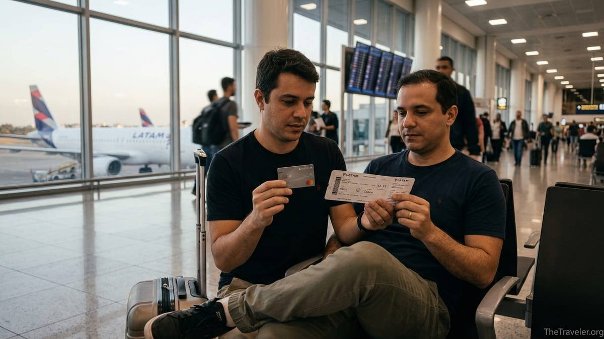 Traveler at São Paulo airport holding a LATAM boarding pass and credit card with LATAM plane outside window.