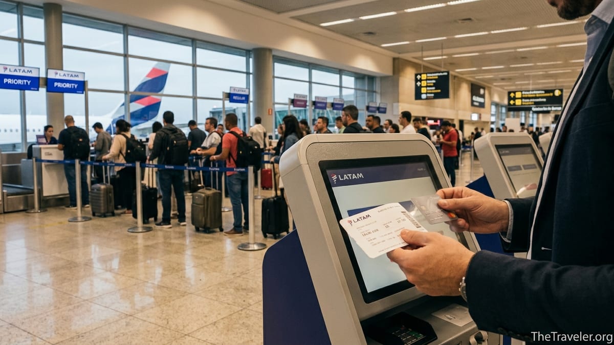 Traveler using a credit card at a LATAM check-in kiosk in São Paulo airport.