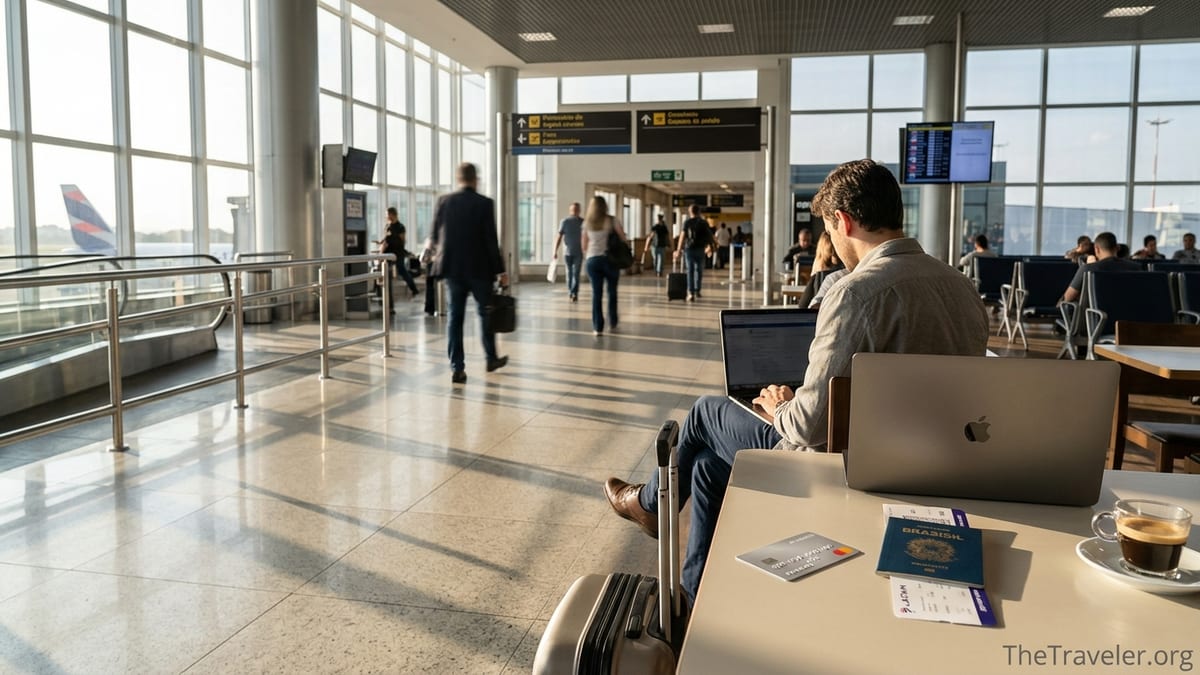 Traveler at Brazilian airport table reviewing LATAM ticket and credit card with LATAM aircraft visible outside.