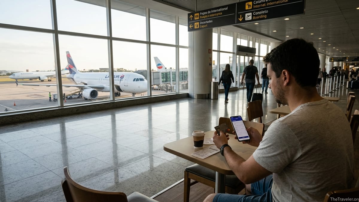 Traveler in São Paulo airport comparing credit cards with LATAM jet outside window.