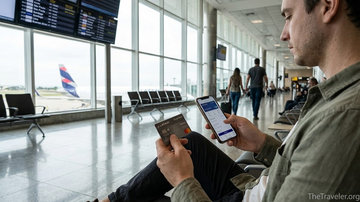 Traveler at a Brazilian airport gate checking miles on a LATAM Platinum card.