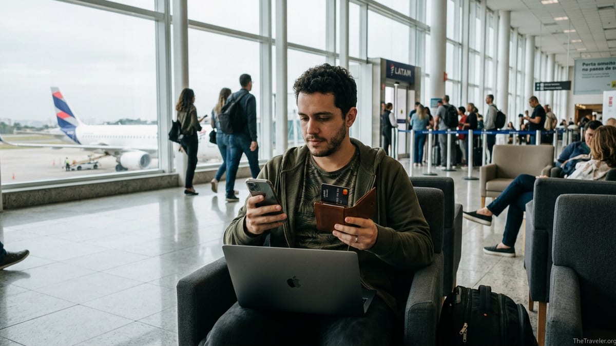 Traveler with LATAM Pass Itaú Platinum card waiting at airport near LATAM gate.