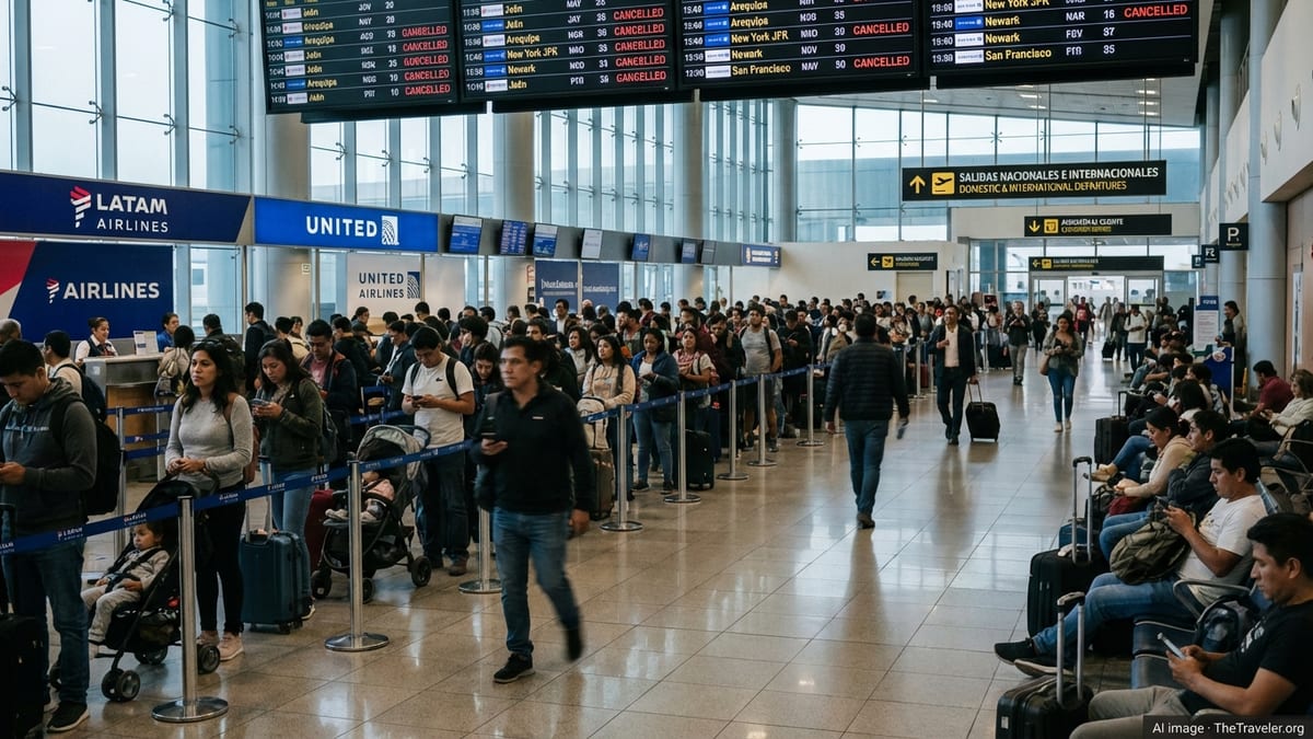 Crowded Lima airport departures hall with LATAM and United passengers facing cancelled flights.