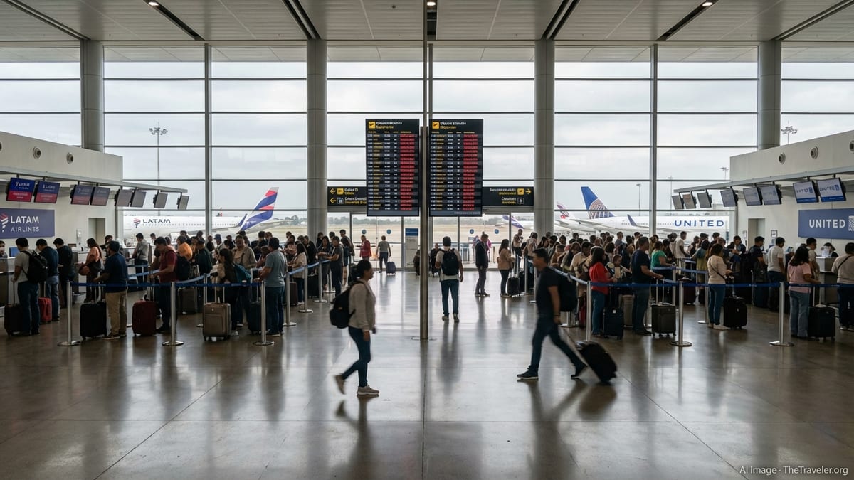 Crowded departures hall at Lima airport with passengers queuing as flight boards show multiple cancellations.