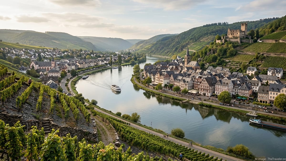 Late afternoon view of Bernkastel-Kues along the Moselle River from a high trail. 