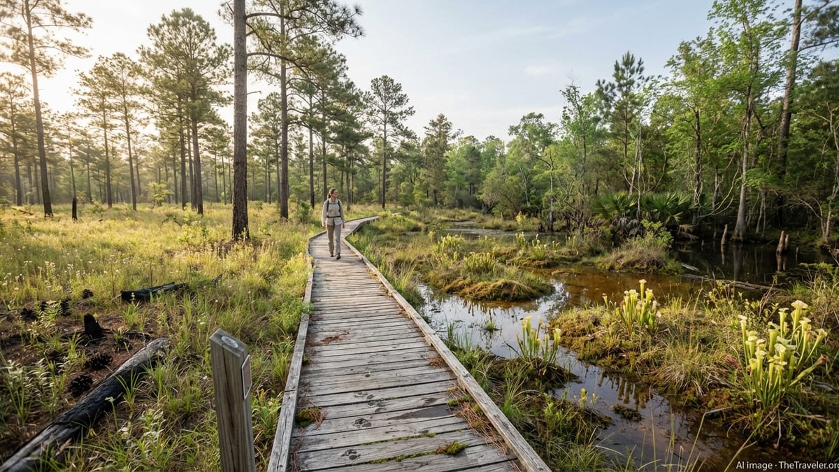 Late afternoon view of a boardwalk trail in Big Thicket National Preserve, Texas.