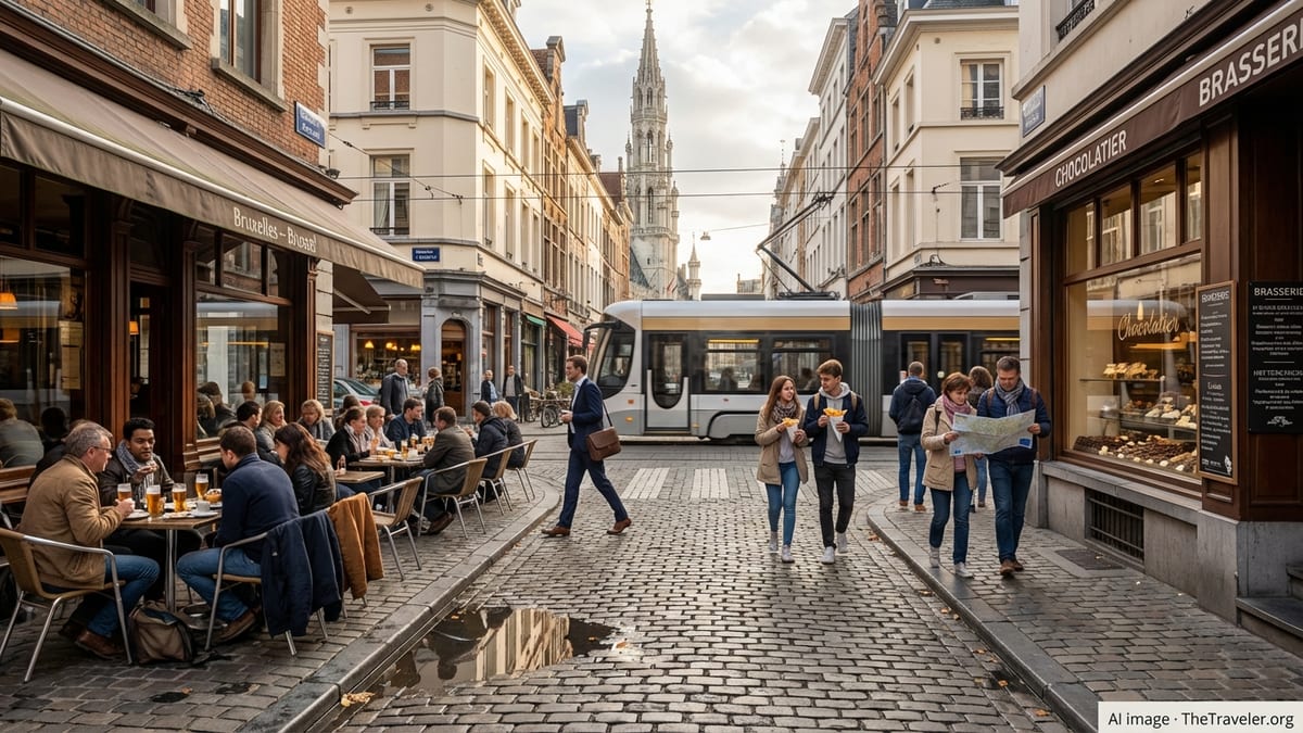 Late-afternoon Brussels street scene with café, tram, and Hôtel de Ville spire.